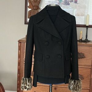INC International Concepts Black Pea Coat with Faux Fur Cuffs